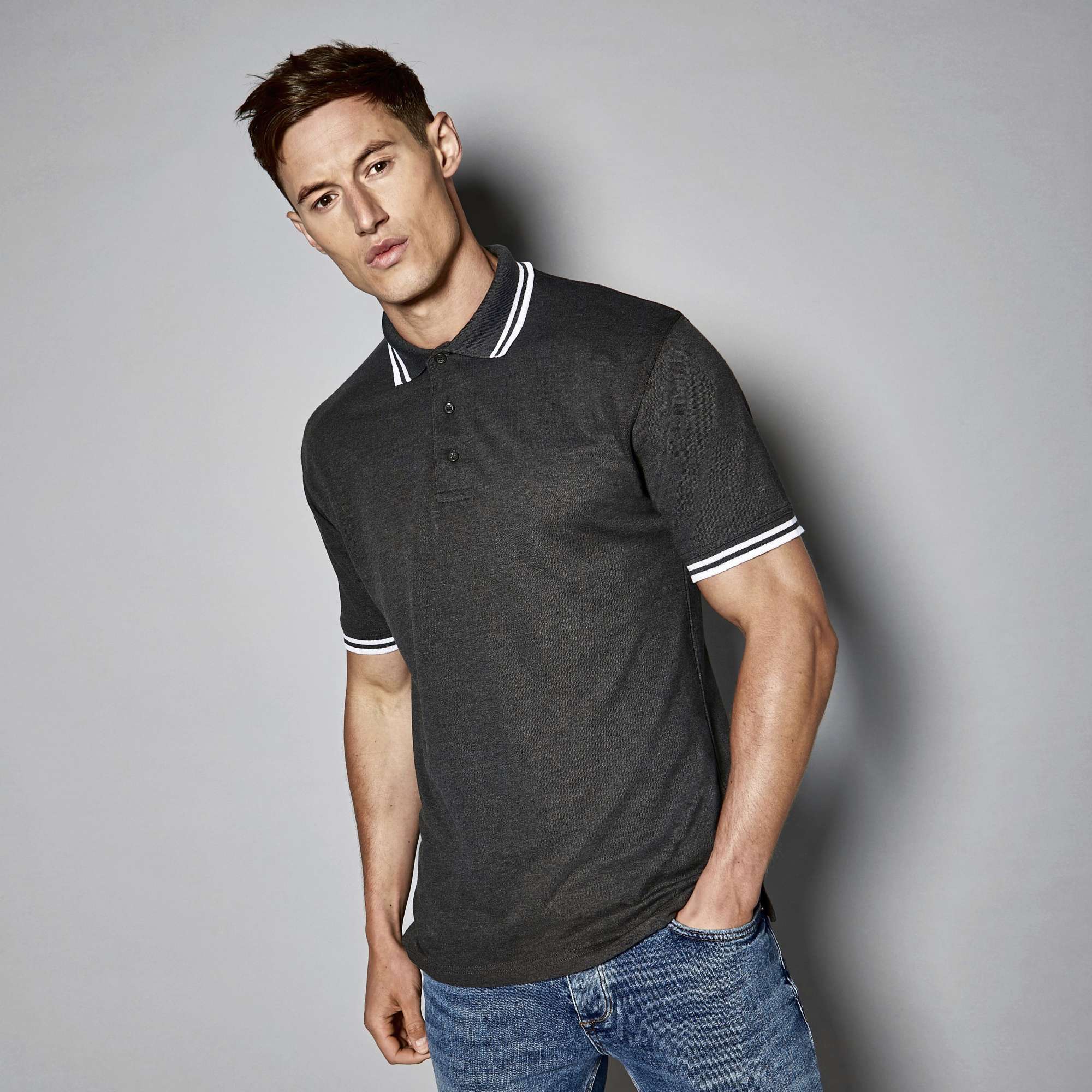 Kustom Kit Classic Fit Superwash® 60º Tipped Collar Polo Charcoal/Black XL (K409)